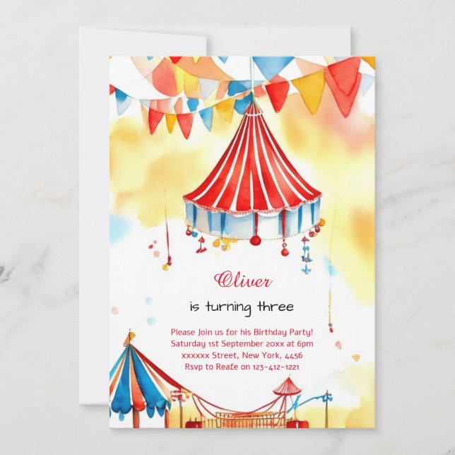 Watercolor Carnival Circus Birthday Invitation (Front)