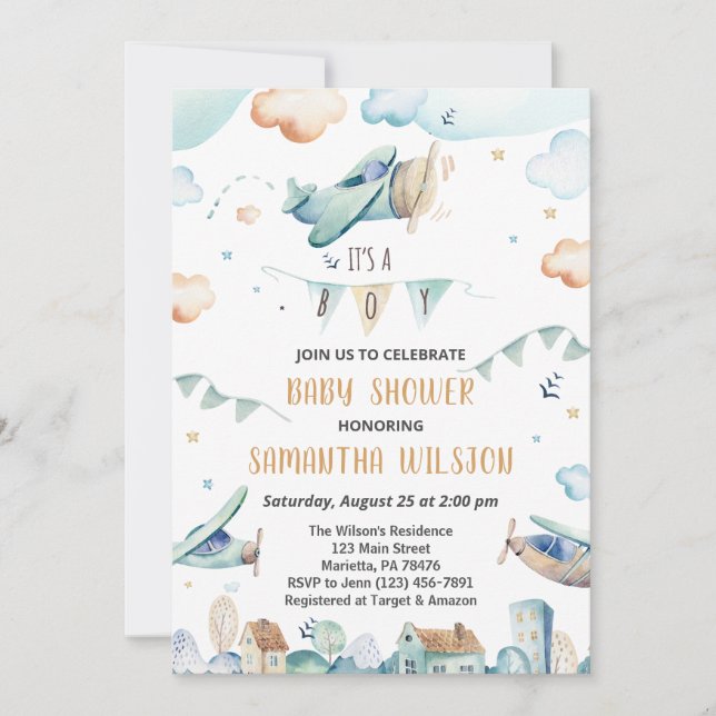 Watercolor Cartoon Aeroplanes Baby Shower Invitation (Front)