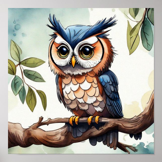 Watercolor Cartoon Caricature of an Owl Wall Art! Poster (Front)