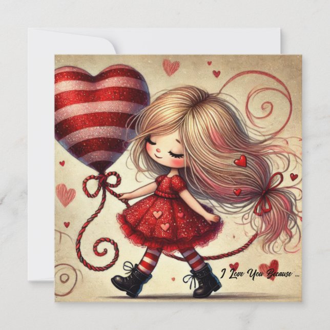 Watercolor cartoon Valentine girl with balloon Holiday Card (Front)
