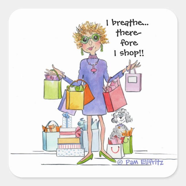Watercolor Cartoon Woman Will Breathe and Shop Square Sticker (Front)