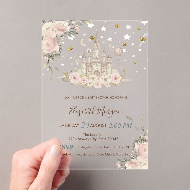 Watercolor Castle,Flowers,Gold Stars Baby Shower Acrylic Invitations (Insitu (Handheld))