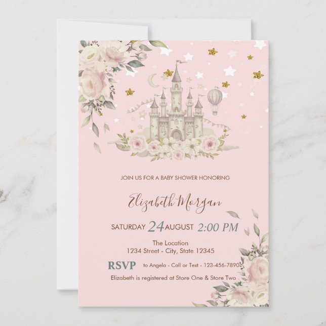 Watercolor Castle,Flowers,Gold Stars Baby Shower Invitation (Front)