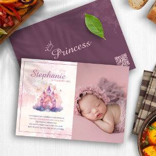 Watercolor Castle Pink Babygirl 1st Birthday Photo Invitation