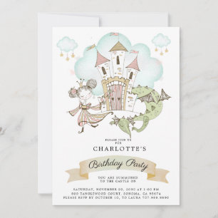 Watercolor Castle Princess Dragon Girl's Birthday  Invitation
