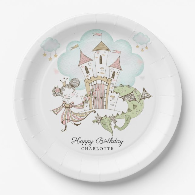 Watercolor Castle Princess Dragon Girl's Birthday Paper Plate (Front)
