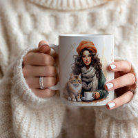 Watercolor Cat and Coffee Lady Personalised Name