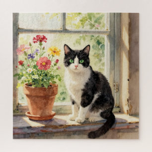 Watercolor Cat and Flower Themed Jigsaw Puzzle