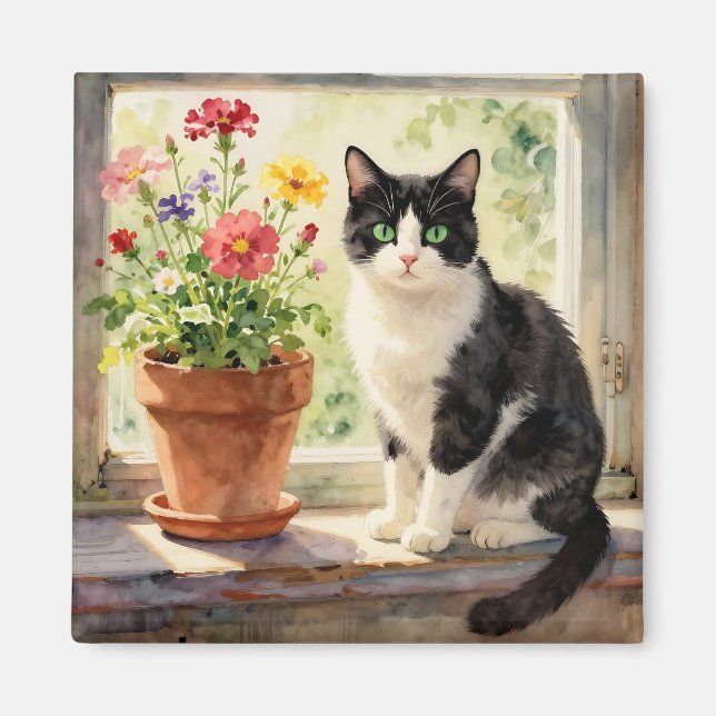 Watercolor Cat and Flowers on Window Sill Magnet (Front)