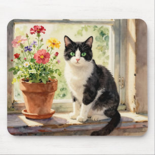 Watercolor Cat and Flowers on Window Sill Mouse Pad