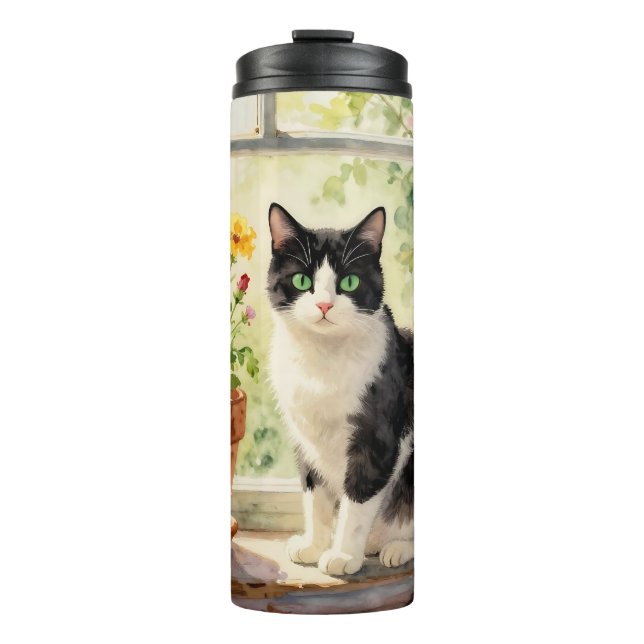 Watercolor Cat and Flowers on Window Sill Thermal Tumbler (Front)