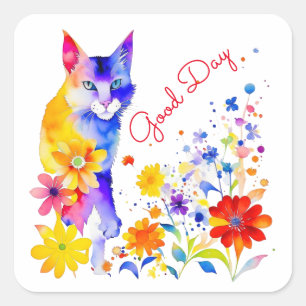 Watercolor Cat and Flowers Personalised Good Day Square Sticker