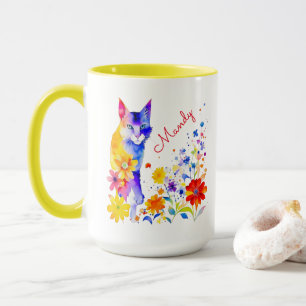 Watercolor Cat and Flowers Personalised Mug