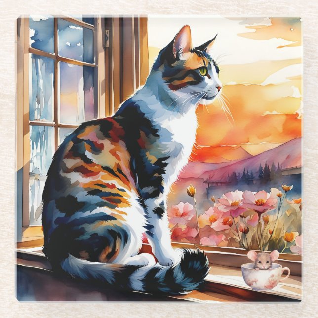 Watercolor Cat and Mouse Greeting Card Glass Coaster (Front)