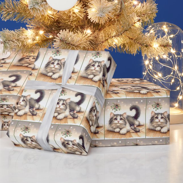 Watercolor Cat and Mouse With Mistletoe Wrapping Paper (Holidays)