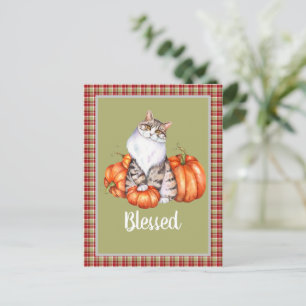 Watercolor Cat and Pumpkins Blessed Thanksgiving Postcard