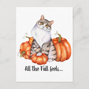 Watercolor Cat and Pumpkins Fall Feels Postcard