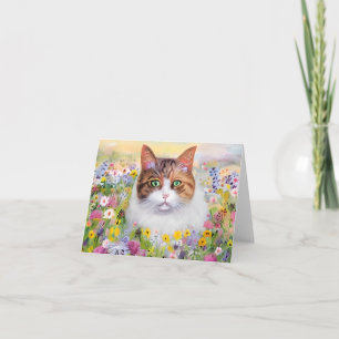 Watercolor cat and wildflowers customisable card