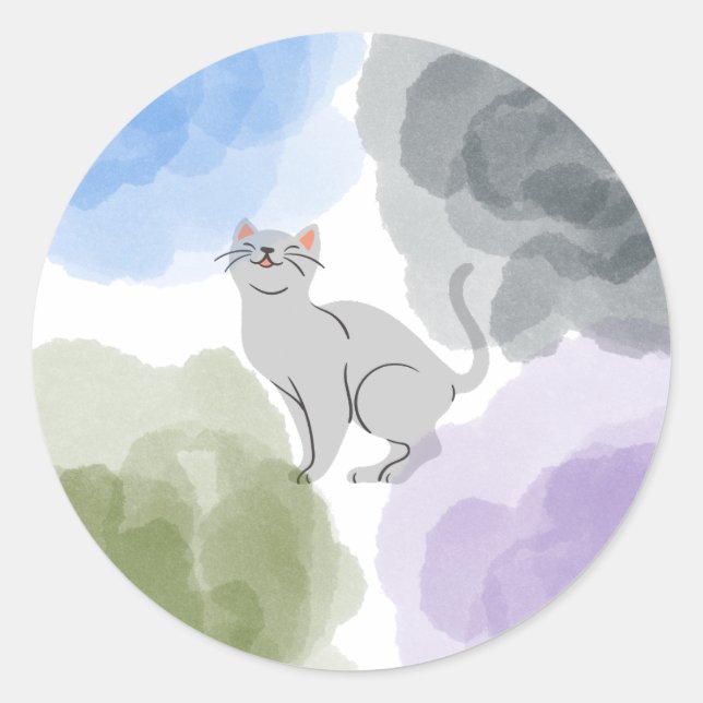 Watercolor Cat Classic Round Sticker (Front)