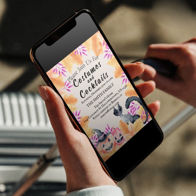 Watercolor Cat Costumes & Cocktail Halloween Party Invitation (Creator Uploaded)