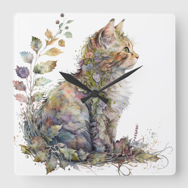WATERCOLOR CAT FACE AND PRETTY FLOWERS SQUARE WALL CLOCK (Front)