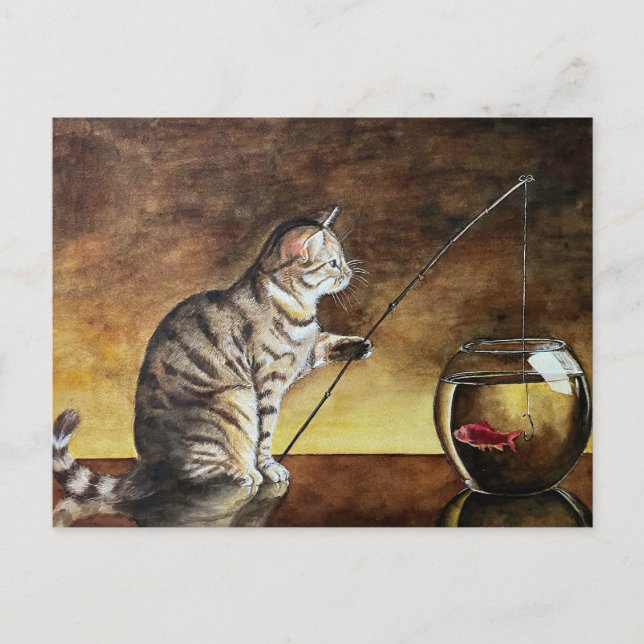 watercolor cat fishing postcard (Front)