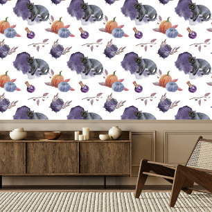 Watercolor Cat, Flask and Pumpkins Spooky Design Wallpaper