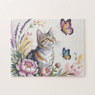 Watercolor Cat Floral Jigsaw Puzzle