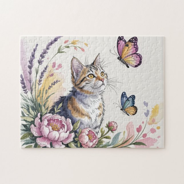 Watercolor Cat Floral Jigsaw Puzzle (Horizontal)