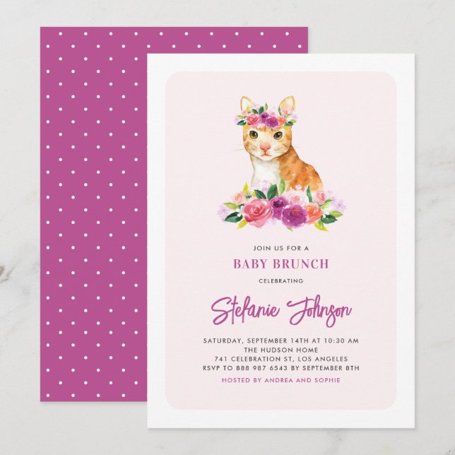 Watercolor Cat Floral Pink Baby Shower Brunch Invitation (Front/Back)