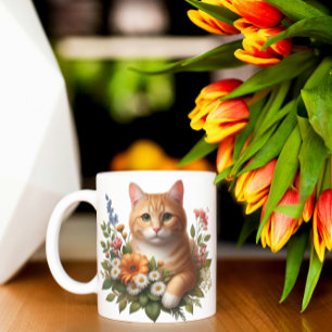 Watercolor Cat & Flowers Coffee Mug