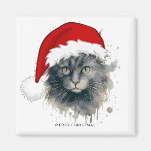 Watercolor Cat In A Santa Hat Merry Christmas Magnet