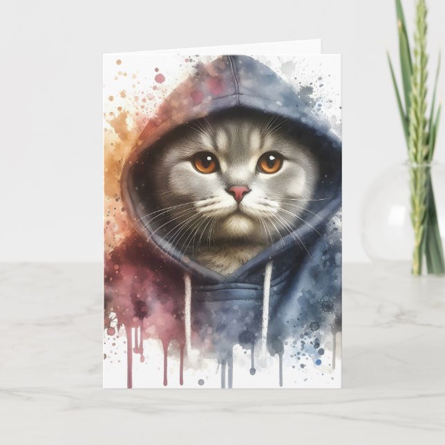 Watercolor Cat in Blue Hoodie Splash Art Blank Card (Front)