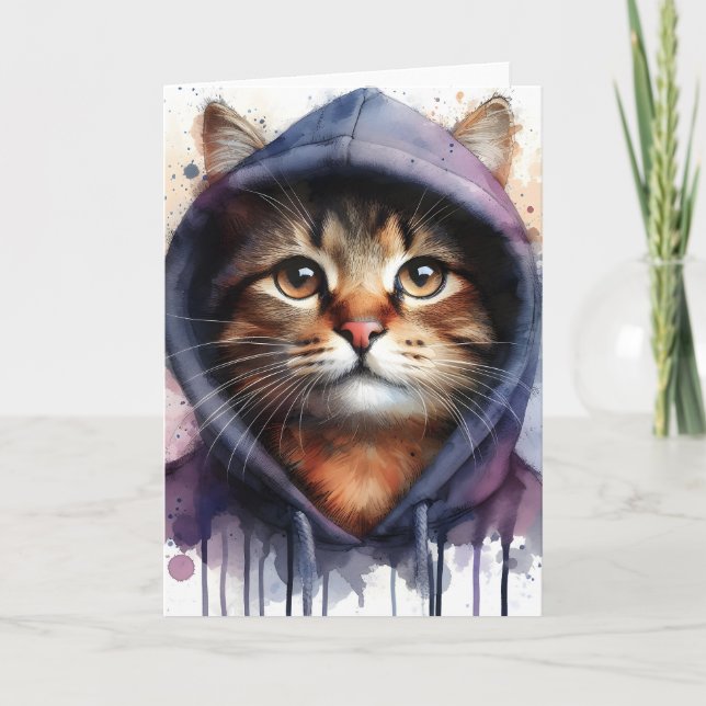 Watercolor Cat in Blue Purple Hoodie Splash Blank Card (Front)
