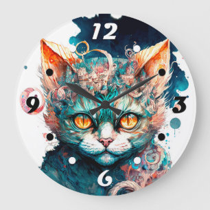 Watercolor cat in steampunk style large clock