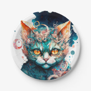 Watercolor cat in steampunk style paper plate
