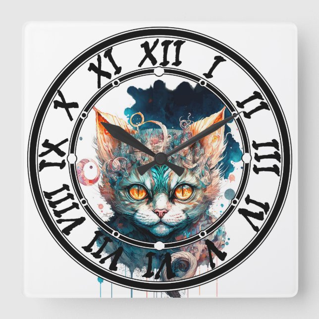 Watercolor cat in steampunk style square wall clock (Front)