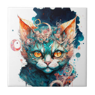 Watercolor cat in steampunk style tile
