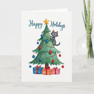 Watercolor Cat In Tree Happy Holidays Card