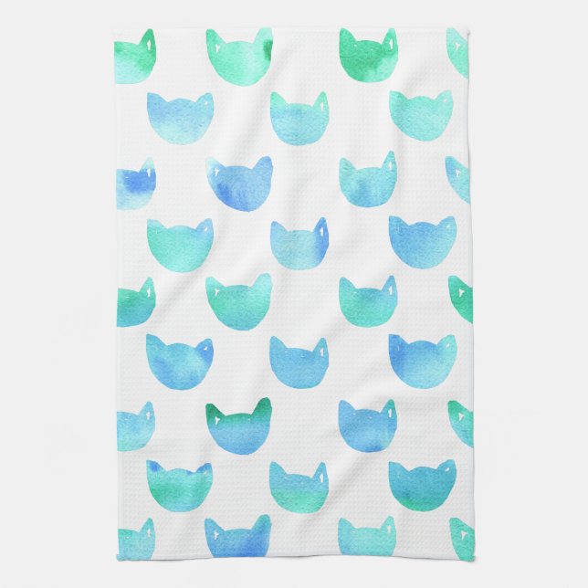 Watercolor Cat outline blue green dish Tea Towel (Vertical)