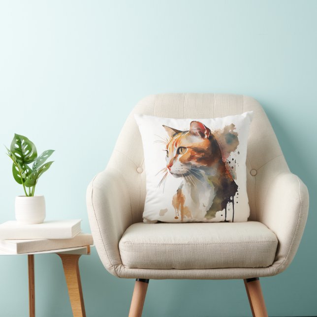 Watercolor Cat Painting Throw Pillow (Chair)