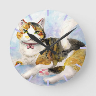 Watercolor Cat Round Clock