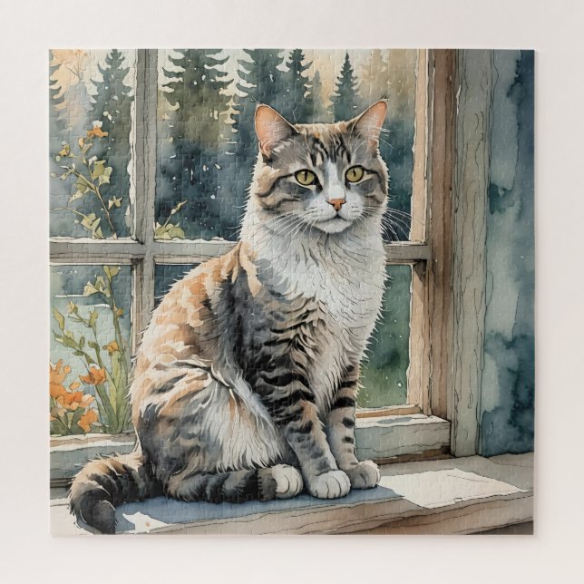 Watercolor Cat Sitting on Window Ledge Puzzle (Vertical)