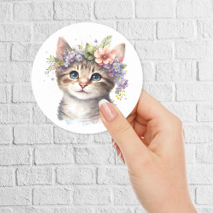 Watercolor Cat with flowers crown Classic Round Sticker