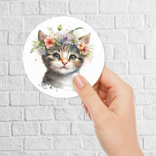 Watercolor Cat with flowers crown Classic Round Sticker