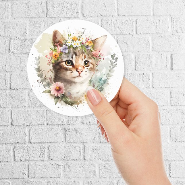 Watercolor Cat with flowers crown Classic Round Sticker (Creator Uploaded)