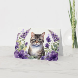 Watercolor Cat with Lavender Flowers Card