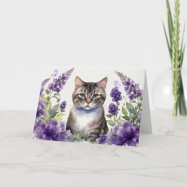 Watercolor Cat with Lavender Flowers  Card (Front)