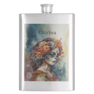 Watercolor Catrina Dia de los Muertos Sugar Skull Hip Flask