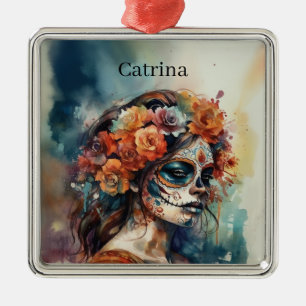 Watercolor Catrina Dia de los Muertos Sugar Skull Metal Tree Decoration